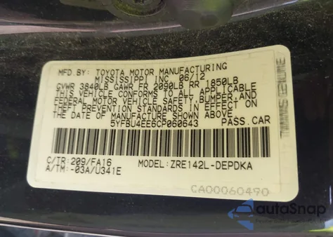 2012 Toyota Corolla L from USA, damaged, VIN 5YFBU4EE6CP060643
